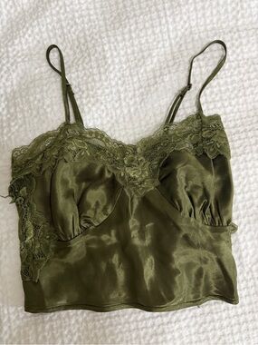 Olive Green Satin Lace Trim Crop Top
